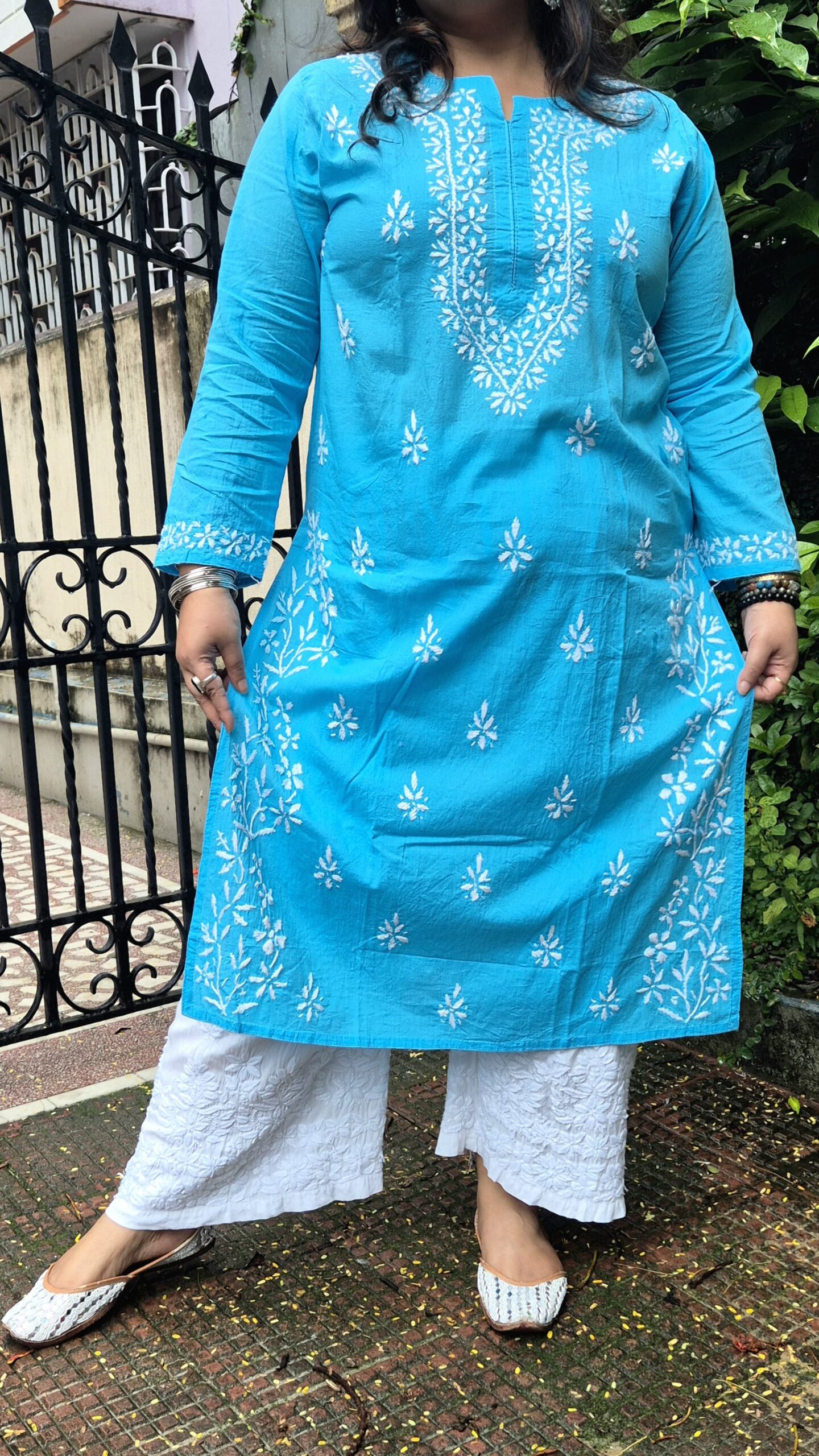 Chikankari cotton kurti side slit work
