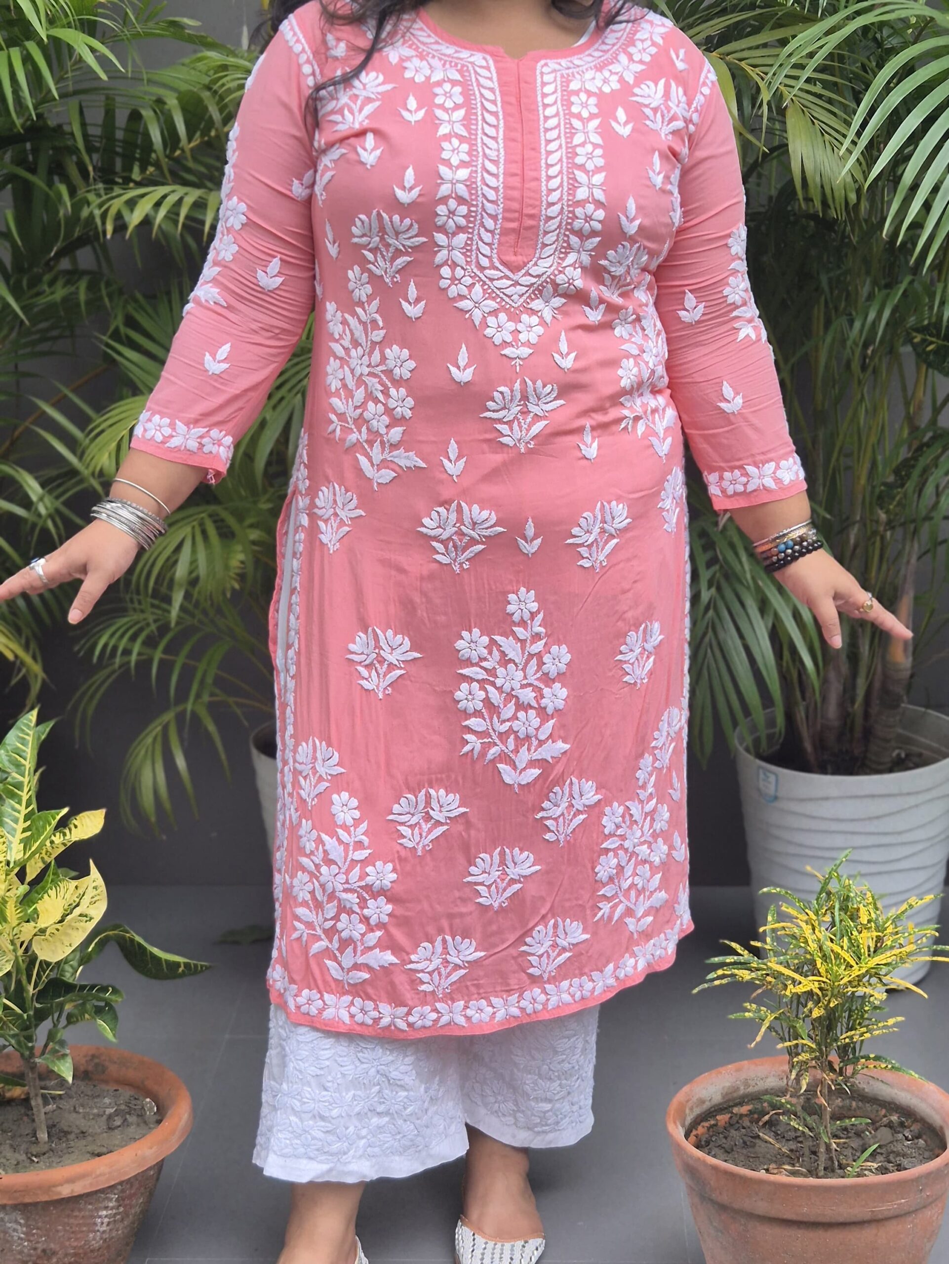 Chikankari rose modal kurti