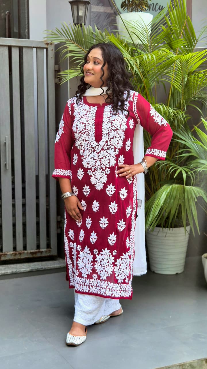 Chikankari gorget ghaspatti work kurti