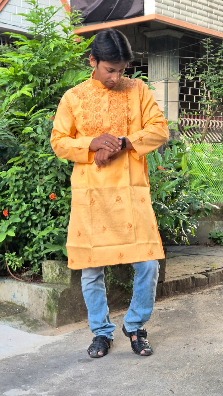 Mens self chikankari embossed kurta