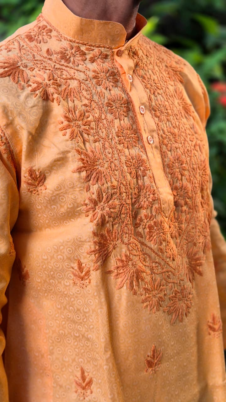 Mens self chikankari embossed kurta