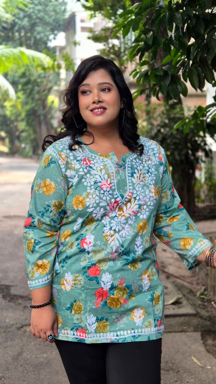 Printed malmal chikankari short top
