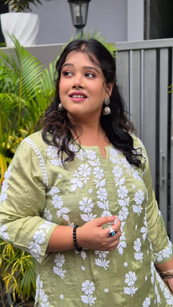 Satin modal chikankari 3d kurti