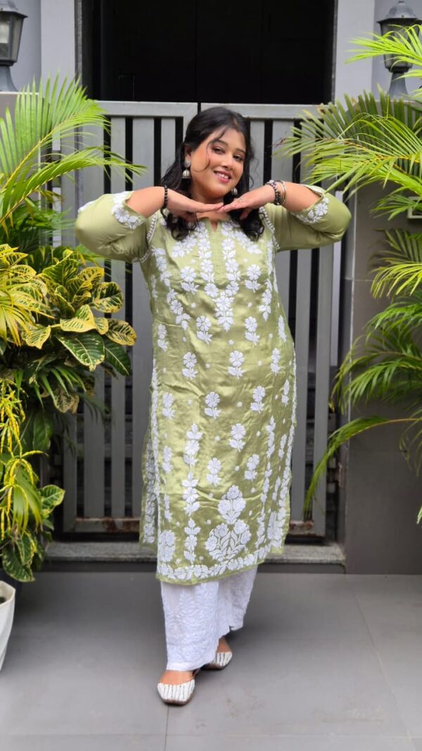 Satin modal chikankari 3d kurti