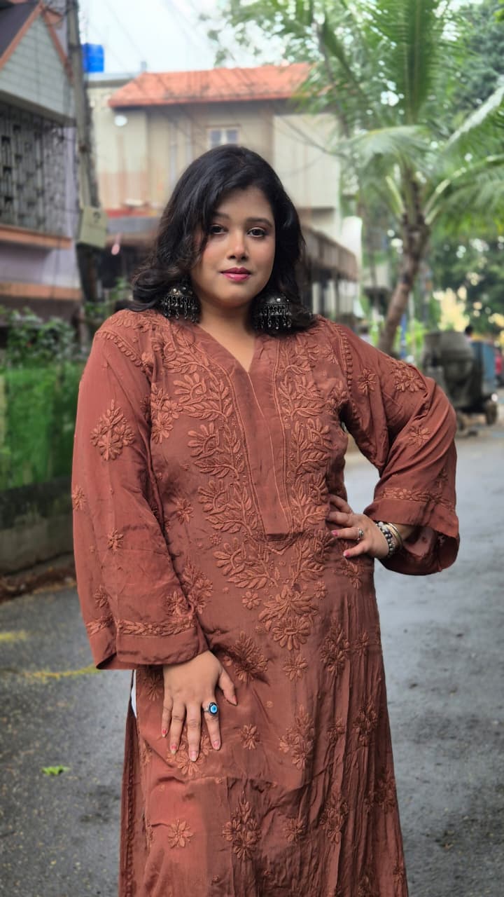 Crepe silk a line flared sleeves