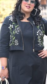 Black A Line One Piece Dress With Half Jacket And With Delicate Hand Embroidery - Image 3