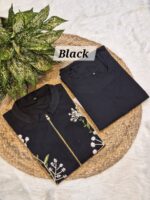 Black A Line One Piece Dress With Half Jacket And With Delicate Hand Embroidery - Image 2