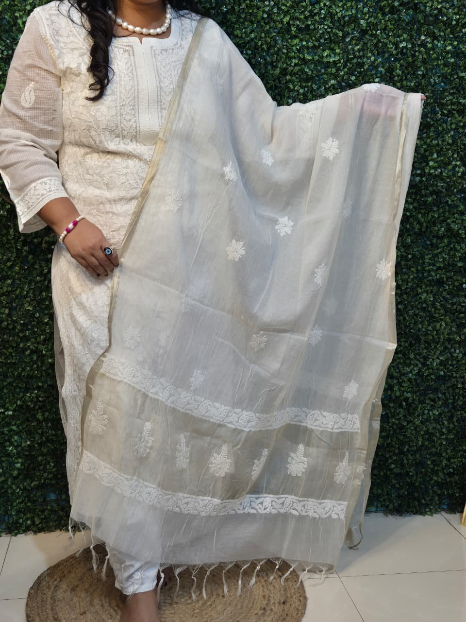Chikankari Golden Shaded Mul Chanderi Dupatta