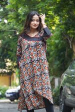 Natural Handblock Bagru Handblock Cotton Kurti With Mirror Work