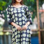 Natural Bagru A line Dress With Scalup Border
