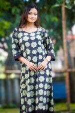 Natural Bagru A line Dress With Scalup Border