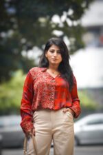 Model two Print Ajrak Handblock Back Yoke Shirt