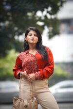 Model two Print Ajrak Handblock Back Yoke Shirt - Image 2