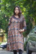 Natural Handblock Bagru Handblock Cotton Kurti With Mirror Work - Image 5